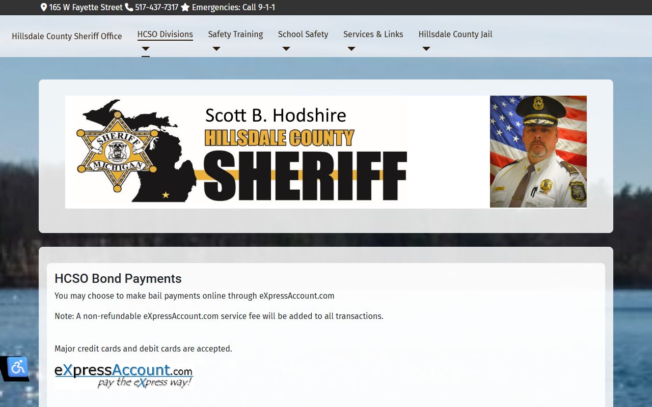 HCSO bond payments page for Hillsdale County Jail