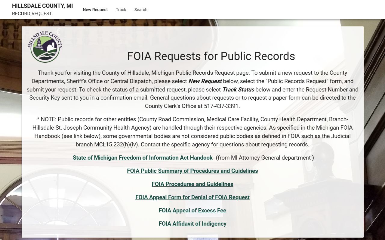 Hillsdale County jail mugshot booking photo public records request portal