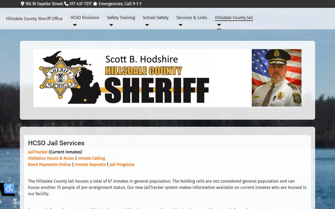 HCSO Jail Services page with Hillsdale County Jail service links